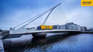 Dachser branded truck crossing bridge